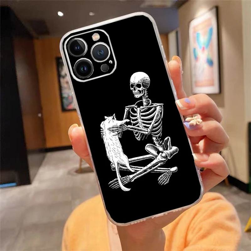

Phone Case For iphone 17ProMax Air 16 15 14 13 Pro Max 15 16 Pro 15Plus Cartoon Skeleton Skull Cat Art