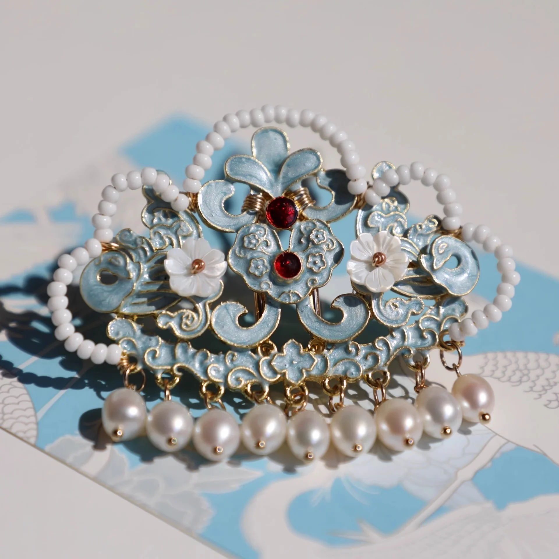 

Burnt Blue Small Hair Crown with Pearl Back Clip, Duckbill Clip, Hanfu Hair Accessory, Ancient Style Headpiece