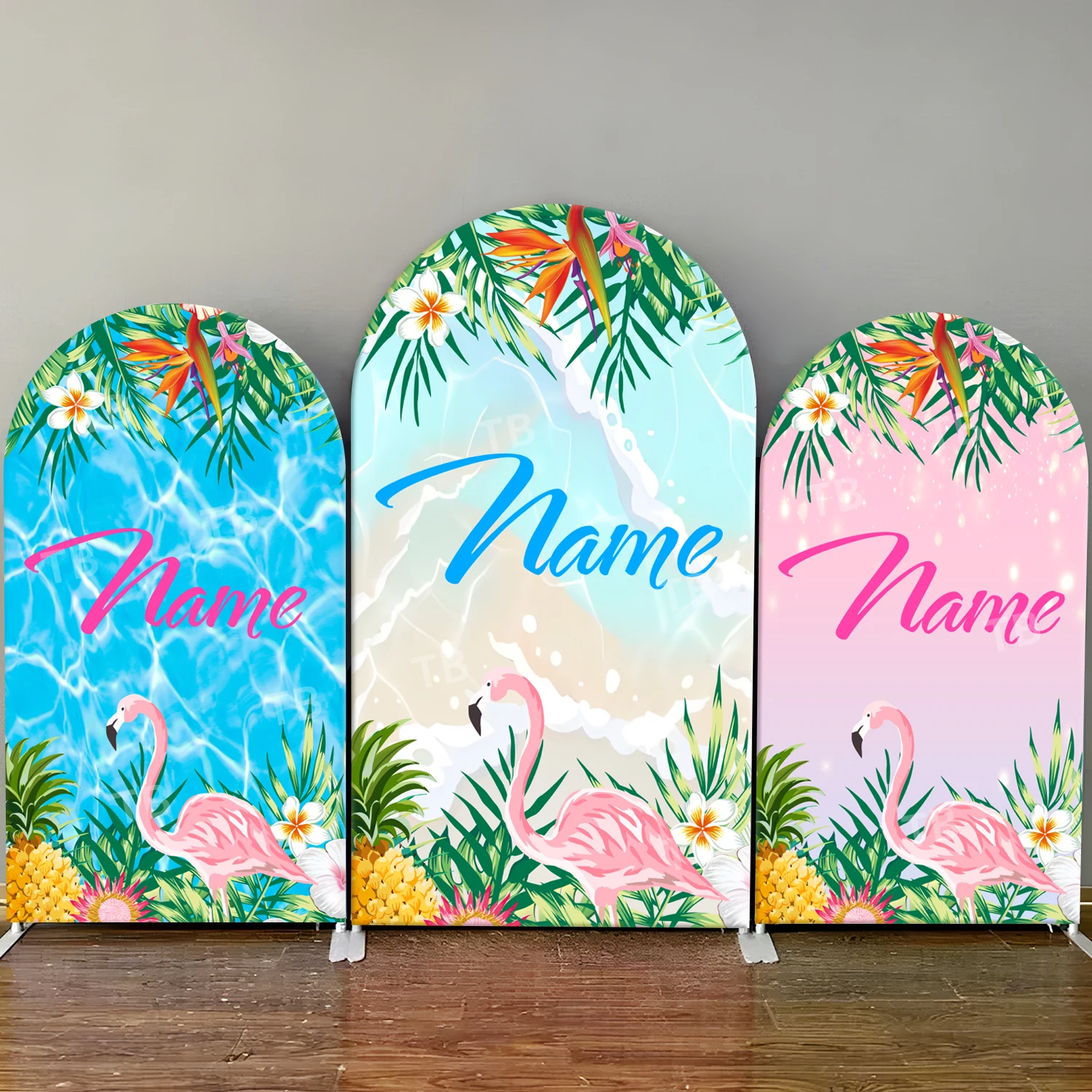 

TB Summer Beach Surfing Theme Arch Backdrop Cover Flamingo Custom Name for Birthday Party BabyShower Photo Background Wall Props