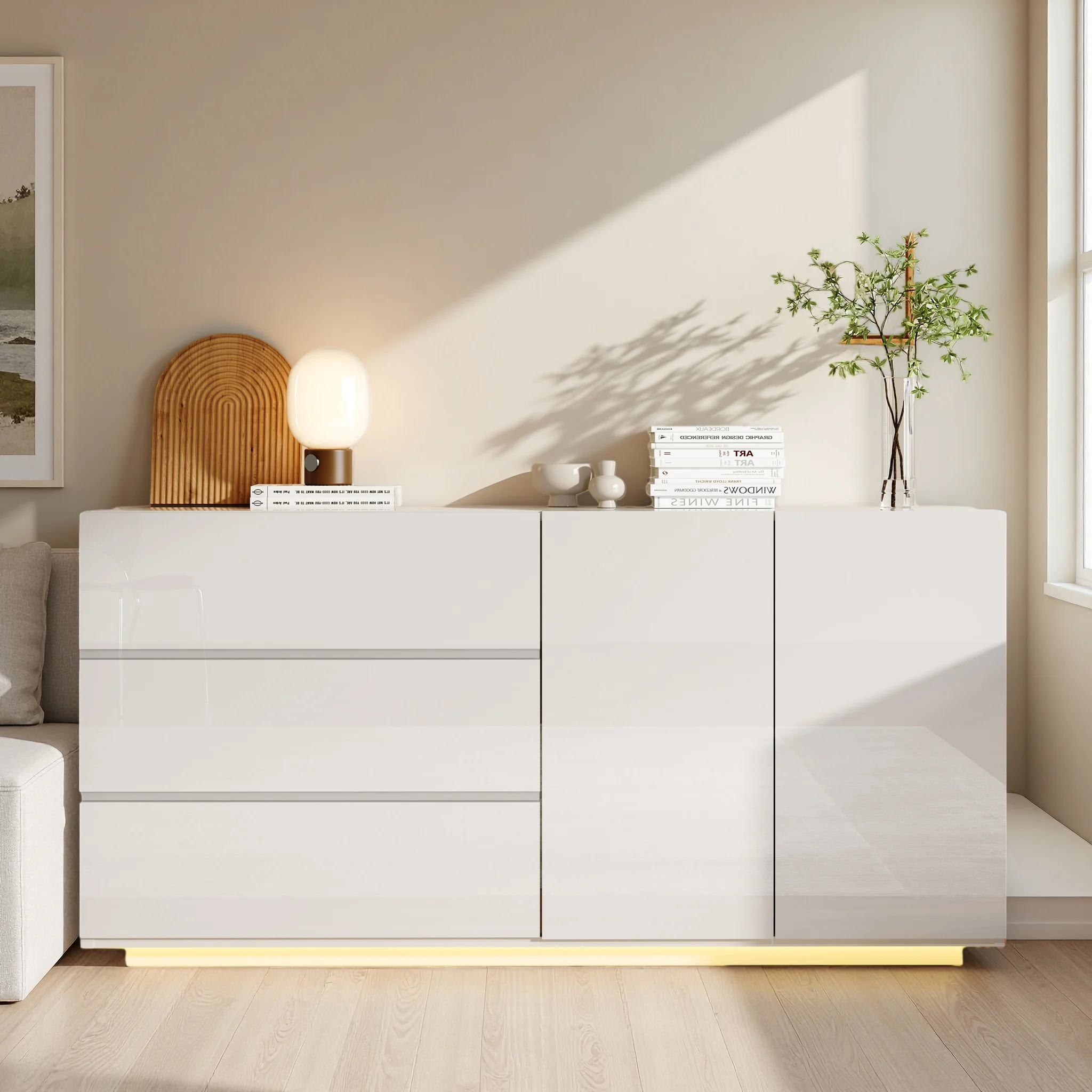 Aparador Comanlai, Mueble de Almacenamiento, Diseño de Superficie de Alto Brillo, con Iluminación LED, Puertas y Cajones, para Sala de Estar