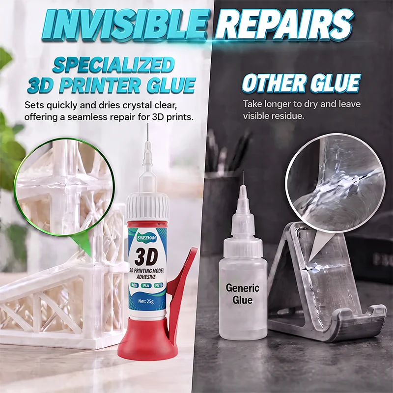 SIKEZHAN 25g Instant Fast Bonds 3D Printing Model Adhesive Glue for PLA ABS PETG Repair with Precision Needle Tip & Stand Holder