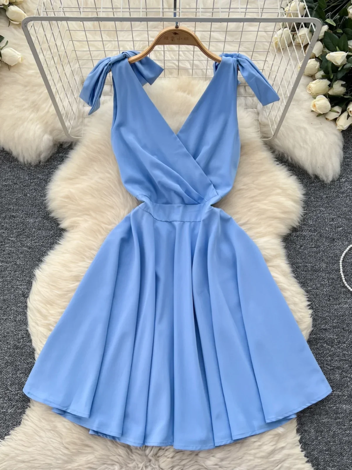 ssTss Girl's Sweet Bow Strap Crop V-Neck Dress Summer Holiday Sleevless Women's Skinny A-line Mini Short Dress Club