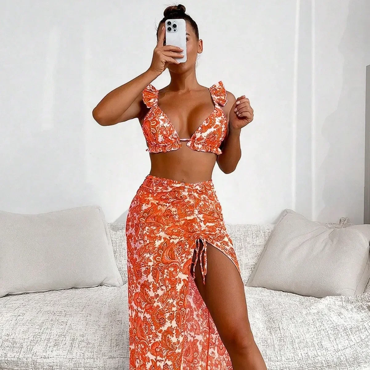 

3 Pieces Ruffles Bikini 2025 Beach Dress Bandage Swimsuit Women Sexy Swimwear Female Bather Swimming Bathing Swimming Swim Suit