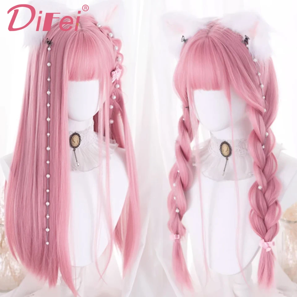 Difei pêssego rosa longa reta peruca sintética feminino doce lolita natural fofo franja reta longa reta festa cosplay peruca