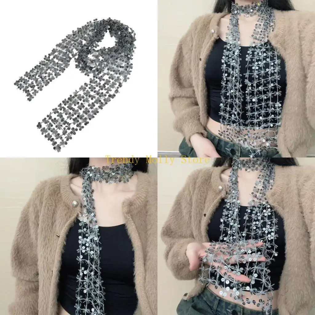 

N5KB Шарф-аксессуар с серебряными блестками и полым переплетением для вечерних вечеринок