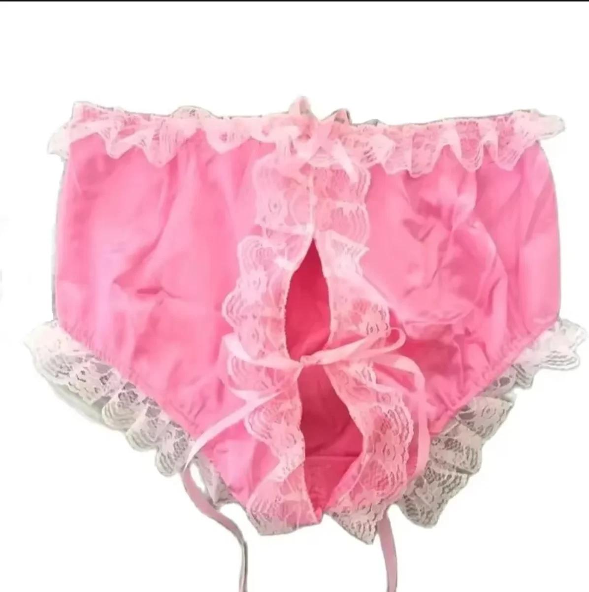 

Satin Pink Lace Inlaid Waistline Middle Ribbon Tie Split Opening Girly Sexy Triangle Shorts