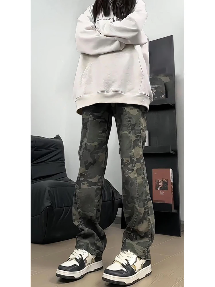 

American Camouflage Men's Summer Cleanfit Deconstructed Logging Jeans Straight Leg Workwear Denim Casual Pants Loose Fit