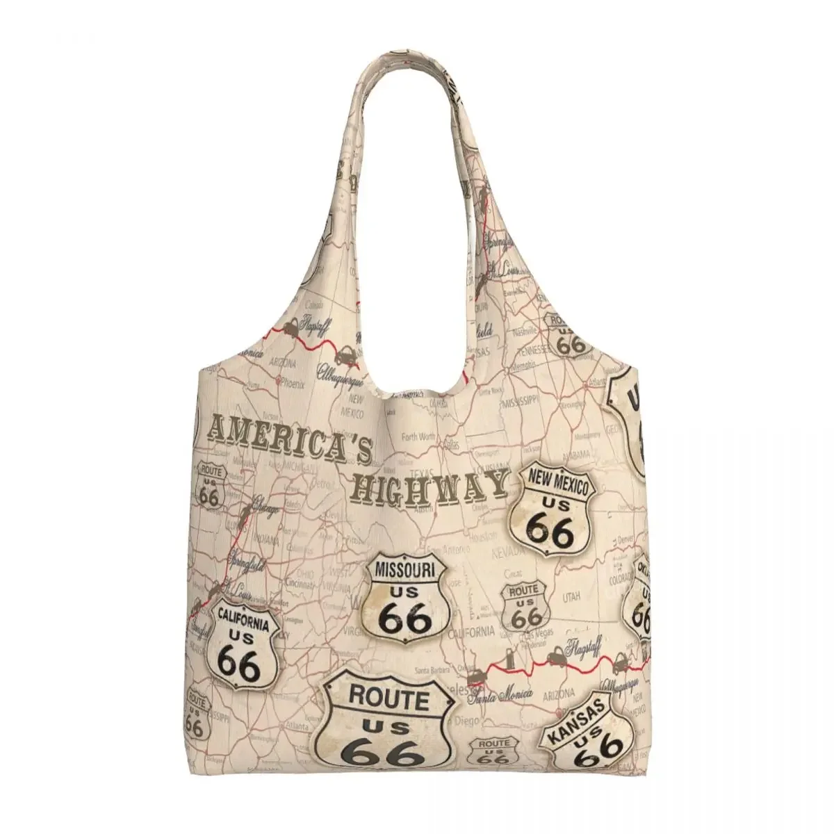 

Kawaii Printing Vintage American Map Route 66 Pattern Tote Shopping Bags Portable Canvas Shopper Shoulder USA Highways Handbag