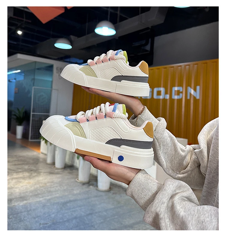 Macaron-Farbblock-Skateschuhe aus Kunstleder für Damen, Wave-Shell-Zehenkappe, Schnürschuhe, Low-Top-Sneaker mit pastellfarbenem Kontrastbesatz – Detail 20