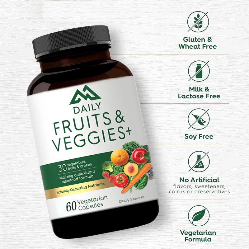 30 types of fruit and vegetable supplements, 60 vegetarian capsules, non GMO, gluten free superfood formula