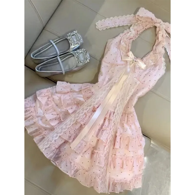 Summer Sweet Halter Neck Polka Dot Mini Dress Women Kawaii Lolita Bow Lace Slim Dress French Sexy Ruffle Party Dress Y2k Vestido