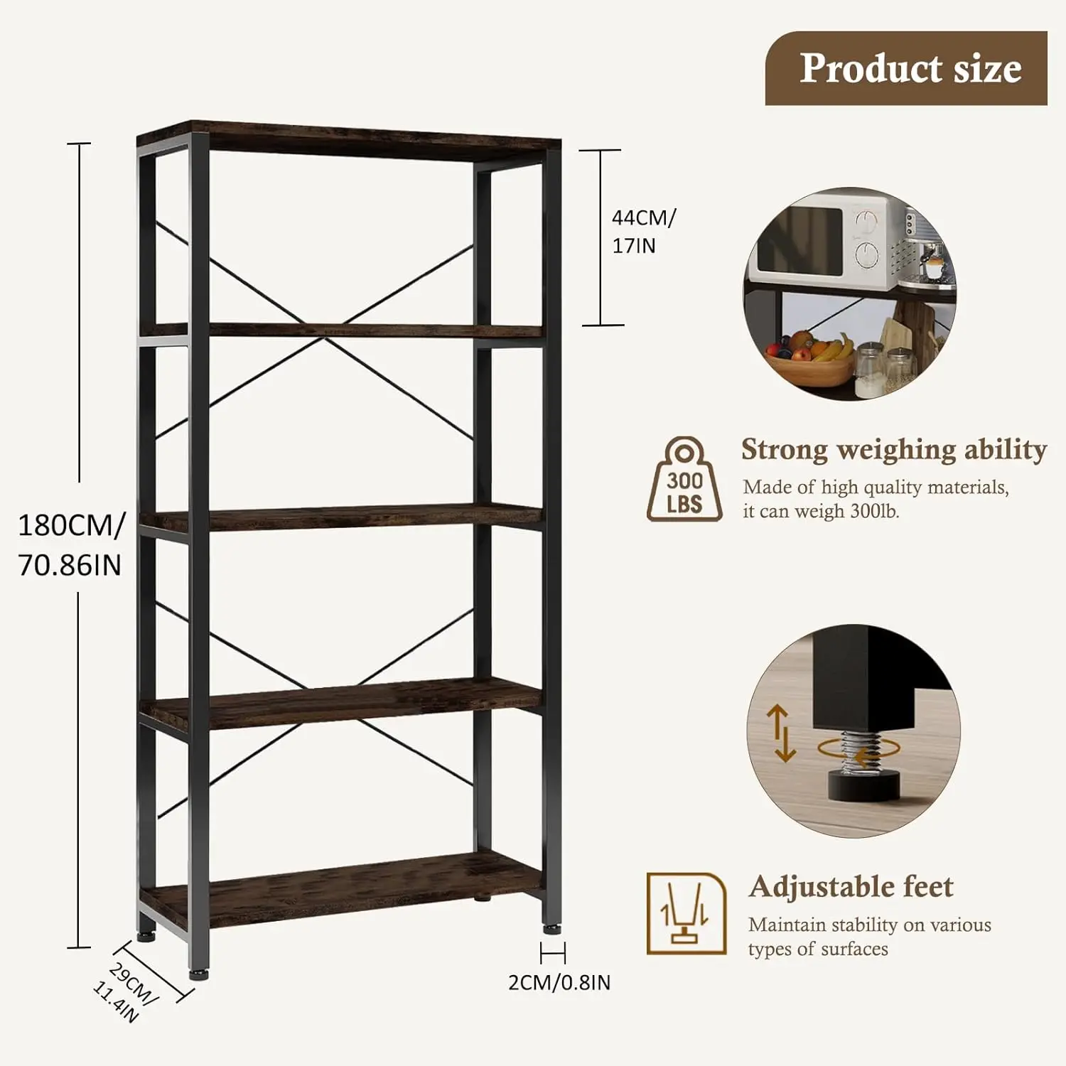 Tall Bookshelf, 5 Tier Etagere Bookcase, Free Standing Open Book Shelves, Rustic Industrial Bookshelf with Metal Frame,