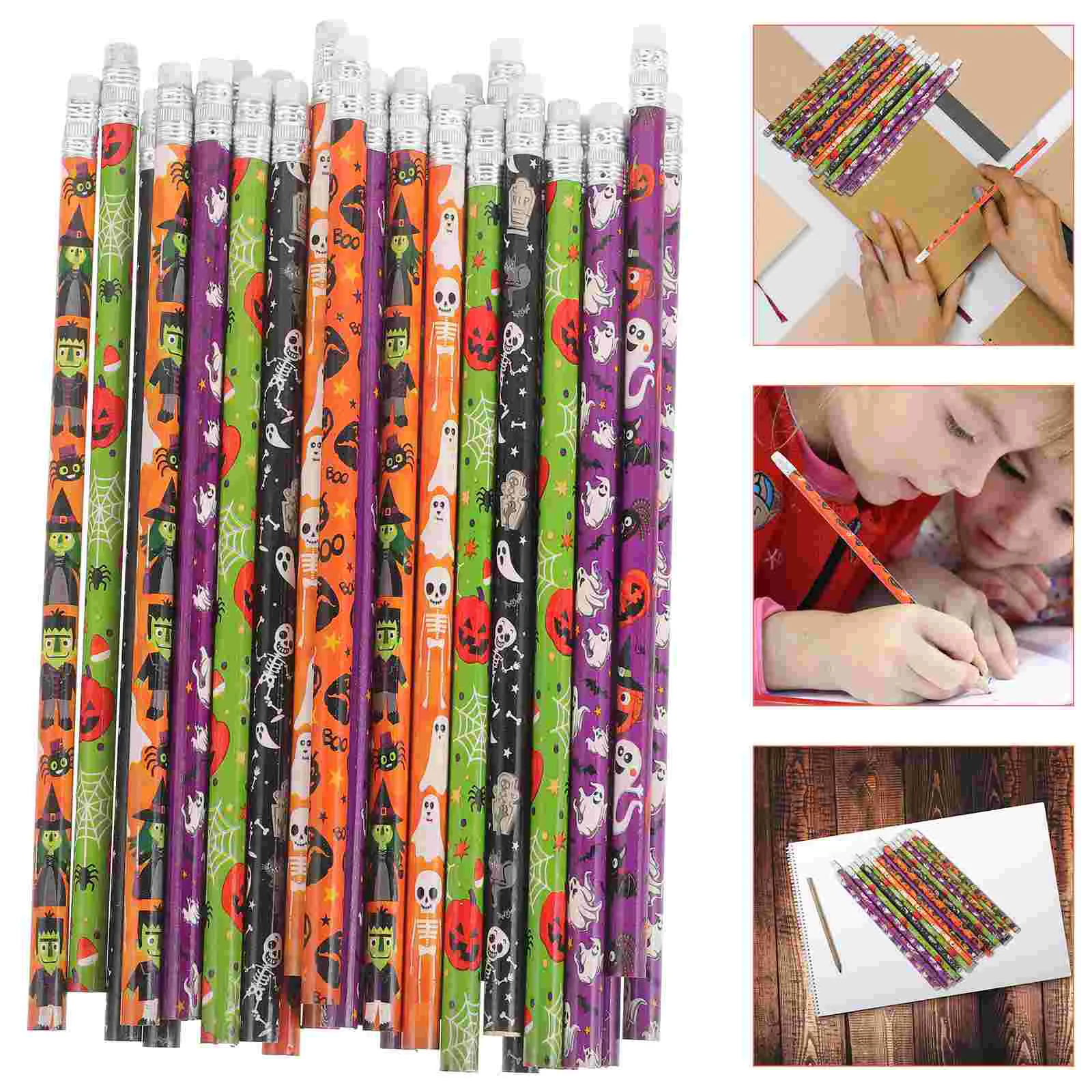 48 Pcs Erasers Trick or Treat Stationery Pencils Halloween Bulk Set Wood Child Wrinting