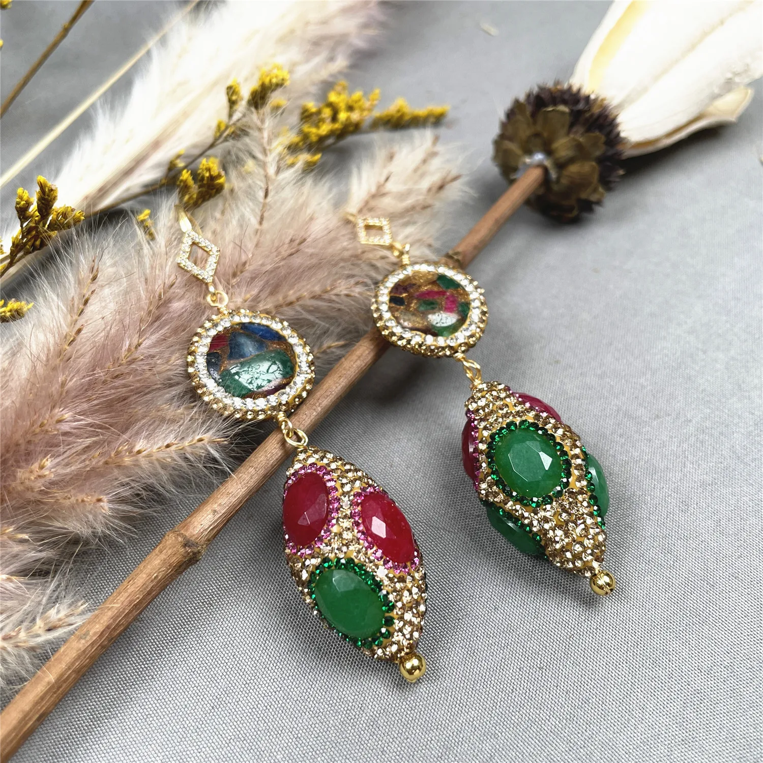 Handmade point diamond edging ruby emerald women's earrings ethnic style pure handmade fashion fashion jewelry