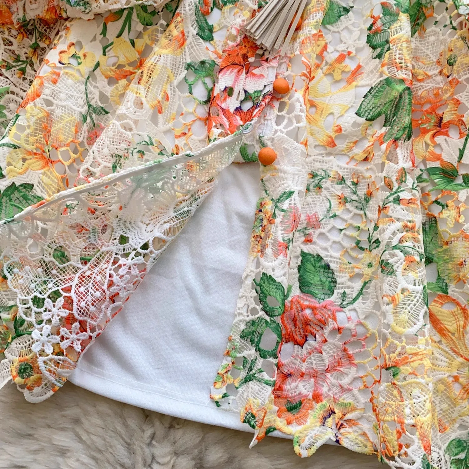 Summer Fashion Embroidery Flower Dress Women's Stand Crochet Lace Hollow Out Stitching Belt Print Prom Party Robe Mini Vestidos