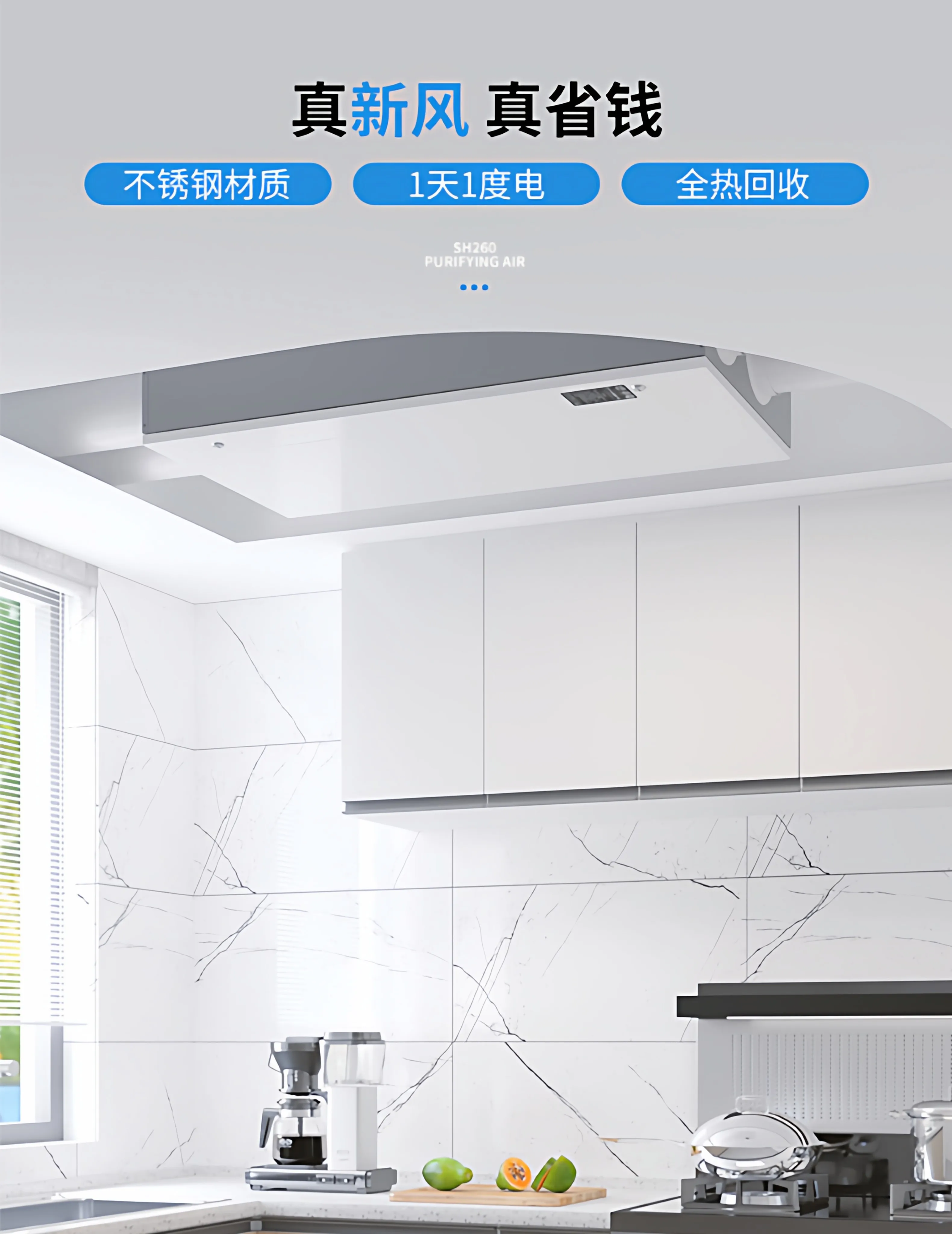 Broad SH260 Ceiling Mount Whole House Central Fresh Air System, Heat Recovery, Formaldehyde & PM2.5 Removal