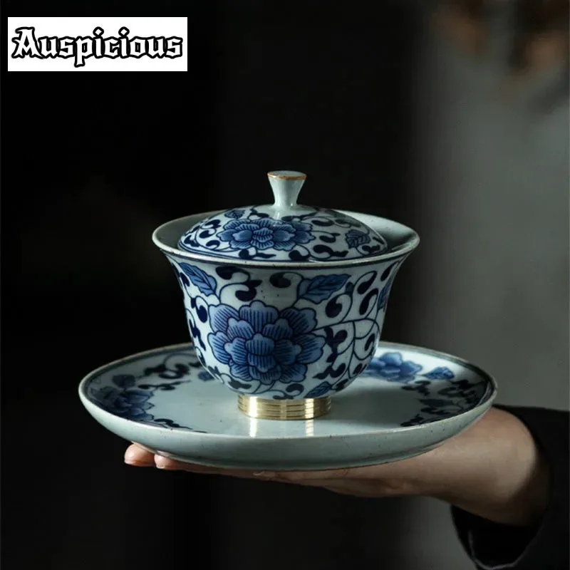 ティーボウル130ml青と白の磁器銅の足花輪で覆われたセラミック製のコーヒーテーブルティーメーカーのアクセサリーギフト