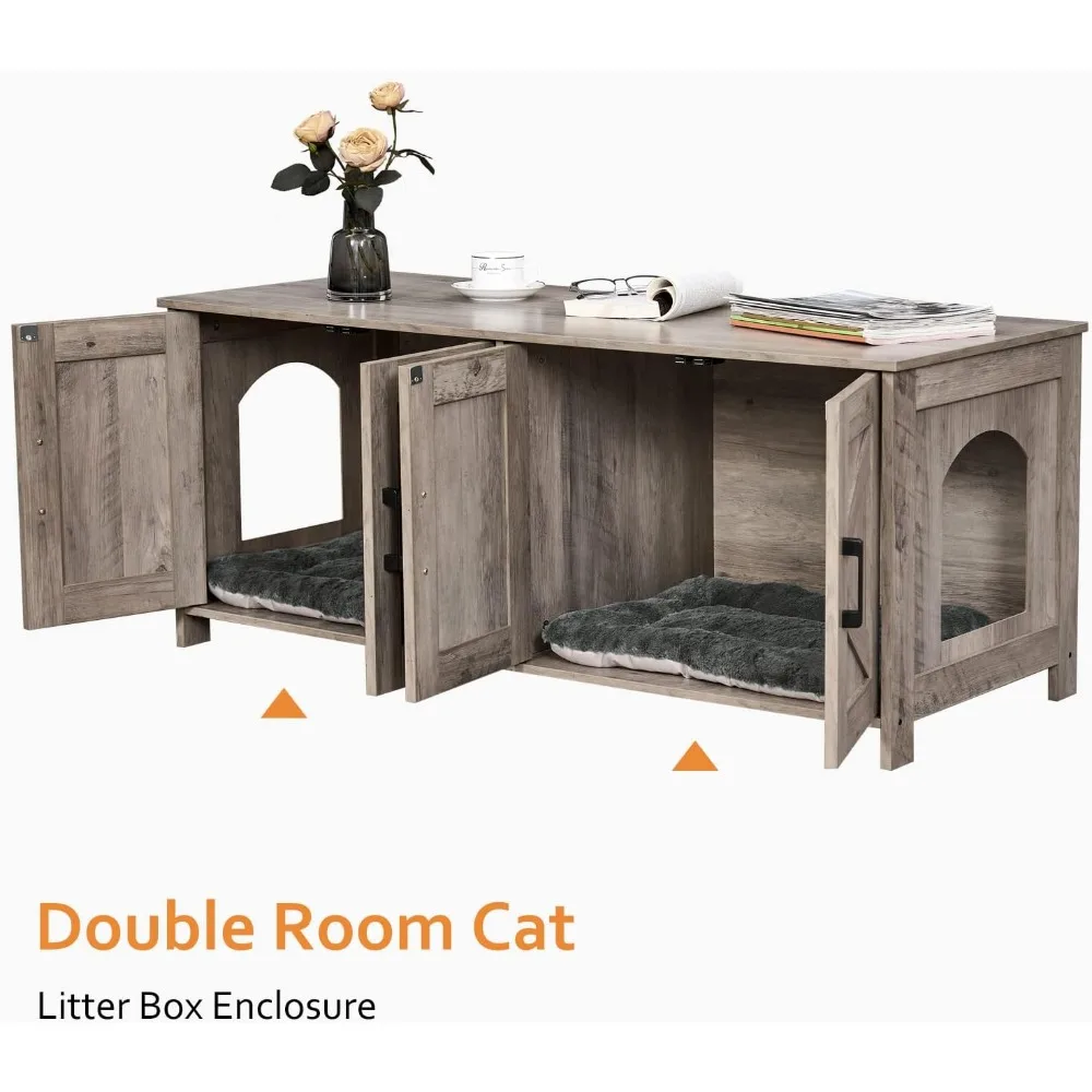 Cat Litter Box Enclosure for 2 Cats, Litter Box Furniture Hidden with Double Room,Wooden Cat Washroom Furniture,Cat House