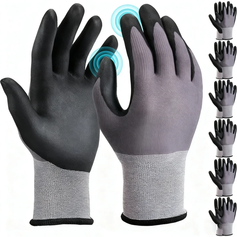 12/6PCS Safety Work Gloves MicroFoam Nitrile Coated Anti Slip Seamless Knit Nylon Gloves for Men Assembly Garden Auto Duty Work