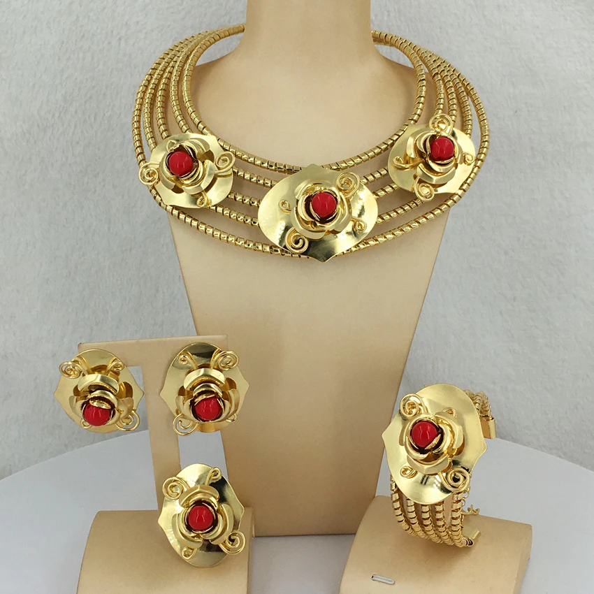 Fashion Ladies Mama Large Flower Necklace Earrings Ring Wedding Party Gift Brazilian Gold Plated Huge Women Jewelry Set FHK13080