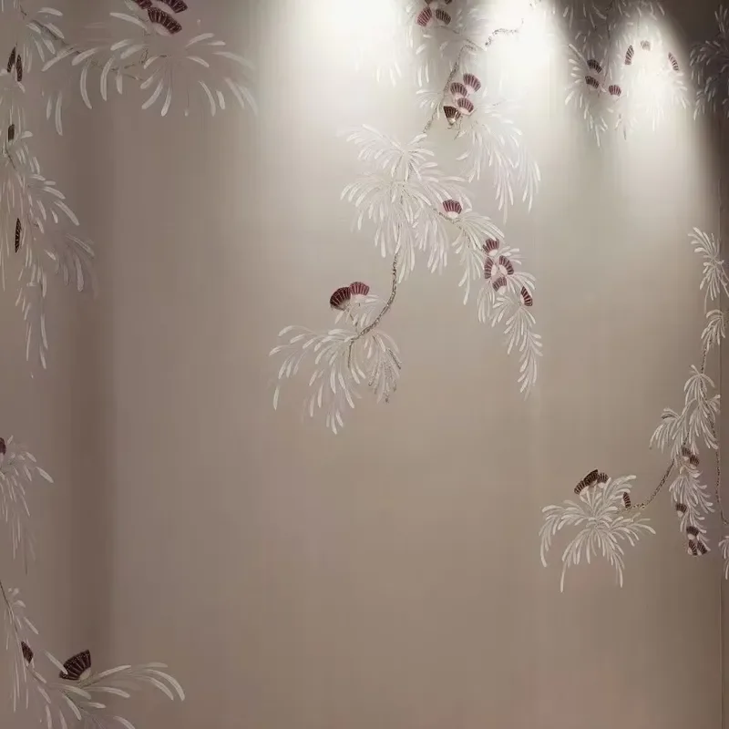 Zhenling Hand-painted Embroidered Albizia Flower Silk Wallpaper for Wall Decor Home