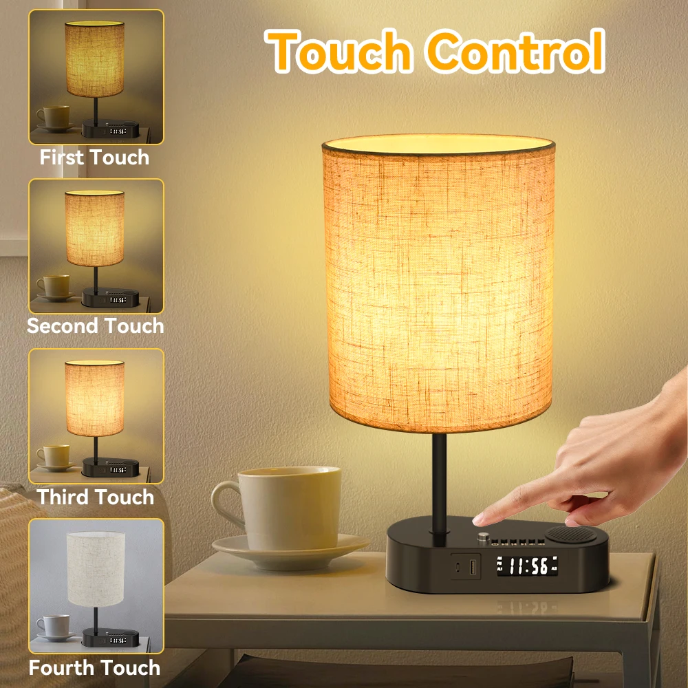 Bluetooth Music LED Fabric Table Lamp Multifunctional Desk Lamp wiht LED Display Screen Clock Alarm Clock Touch Bedside Lamp