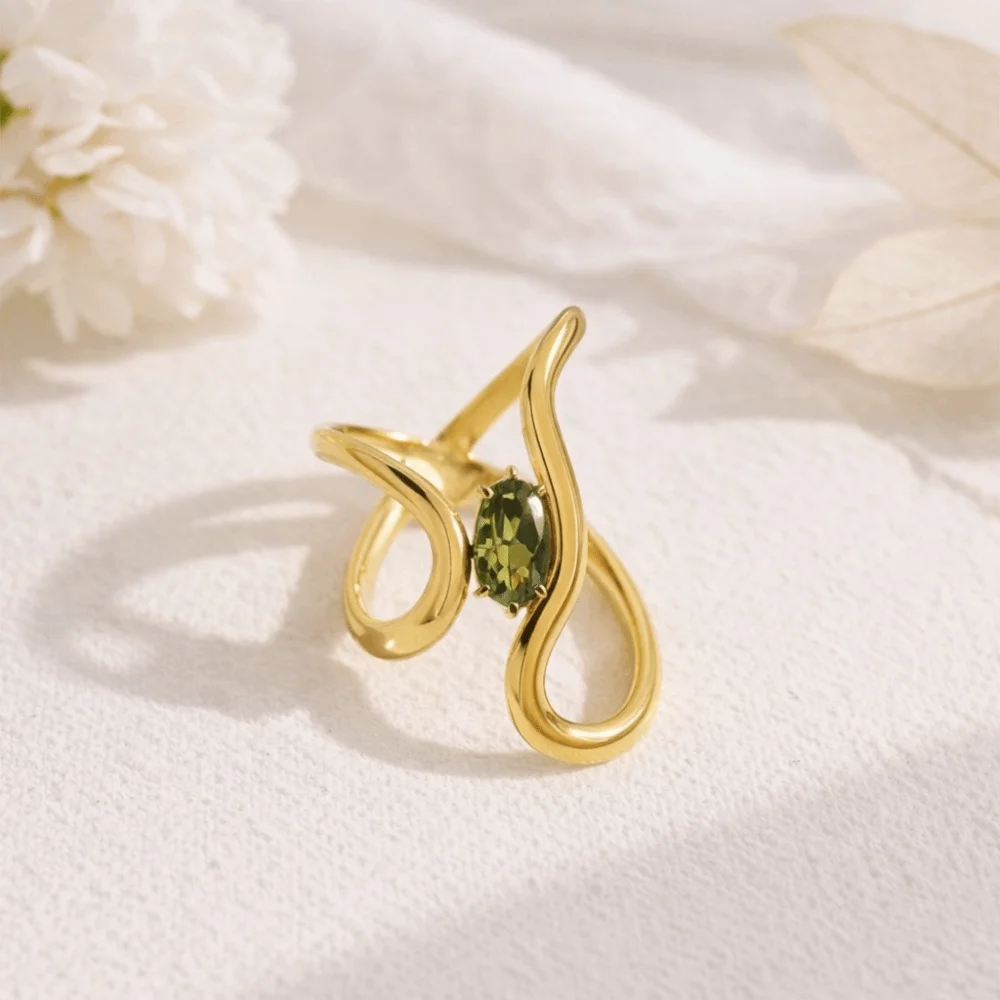 Wellendesign Unregelmäßige Edelstahlringe Doppelschichtige Rote Zirkon-Blumenmuster 18K Vergoldete Ringe Offener Ring