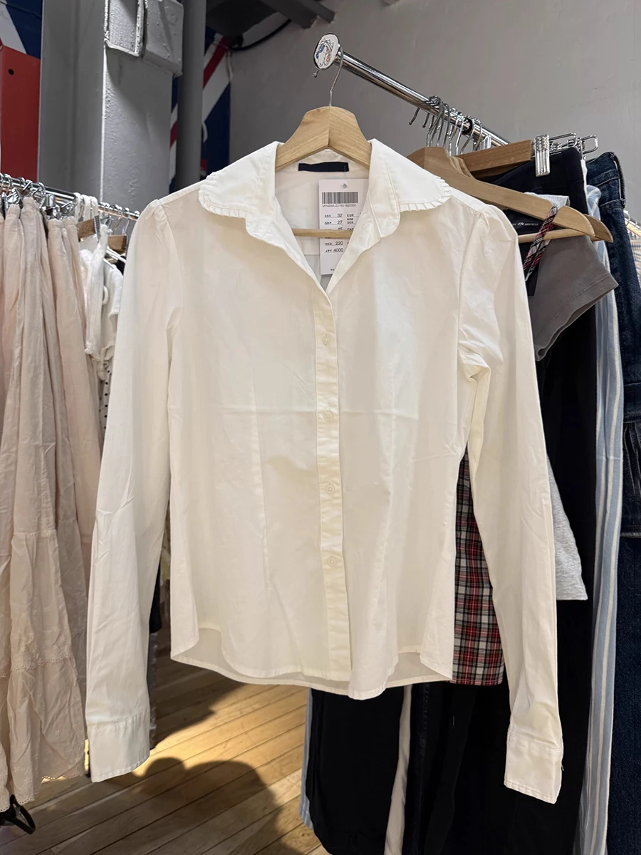

White Turn-down Collar Blouse Women Summer Cotton Single Breasted Casual Shirts Female Solid Simple Sweet Long Sleeve Tops Y2k
