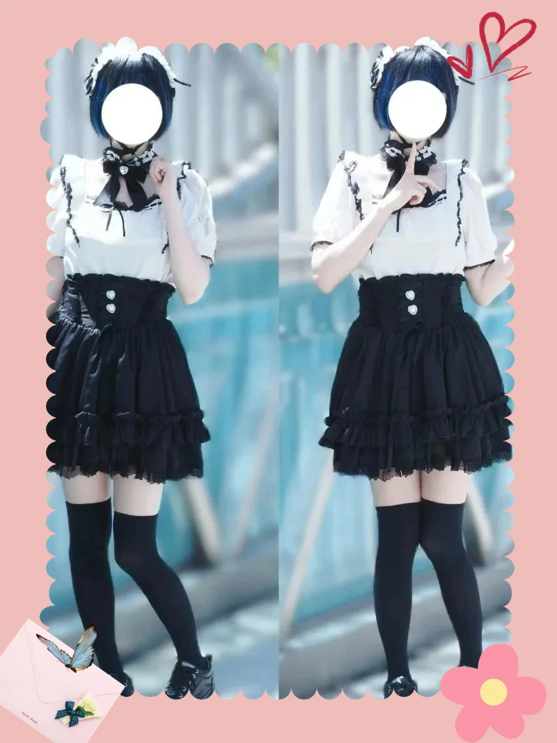 

Japanese Original Mass-produced Mine Suit Black White Lace Short-sleeved Shirt Bow Versatile Top and High-waisted Short Skirt