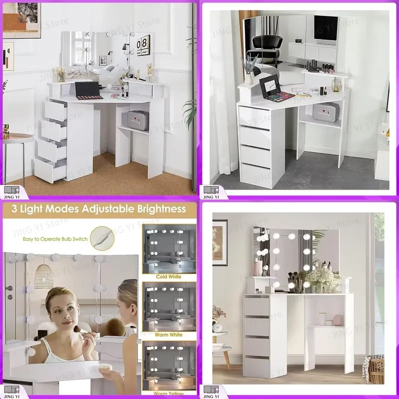 Modern Corner Vanity Dressing Table with LED Mirror and Adjustable Stool for Makeup Bedroom Home Office Cosmetic