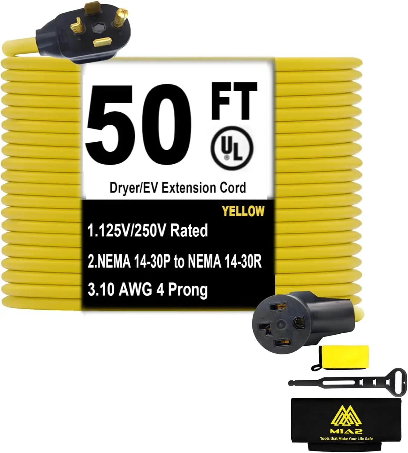 Dryer Extension Cord 4 Prong 30 Amp NEMA 14-30P to 14-30R,50 FT Level 2 EV Charging 125V/250V Plug STW 10 Gauge UL Listed