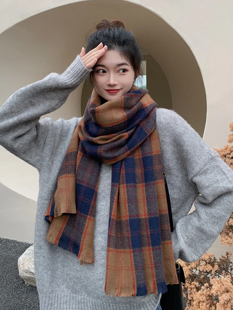 Neue koreanische Mode gestrickt Plaid druck Vintage Schal Kopftuch Winter Frauen Damen Männer adrette Schal weibliche Foulard Schal Unisex