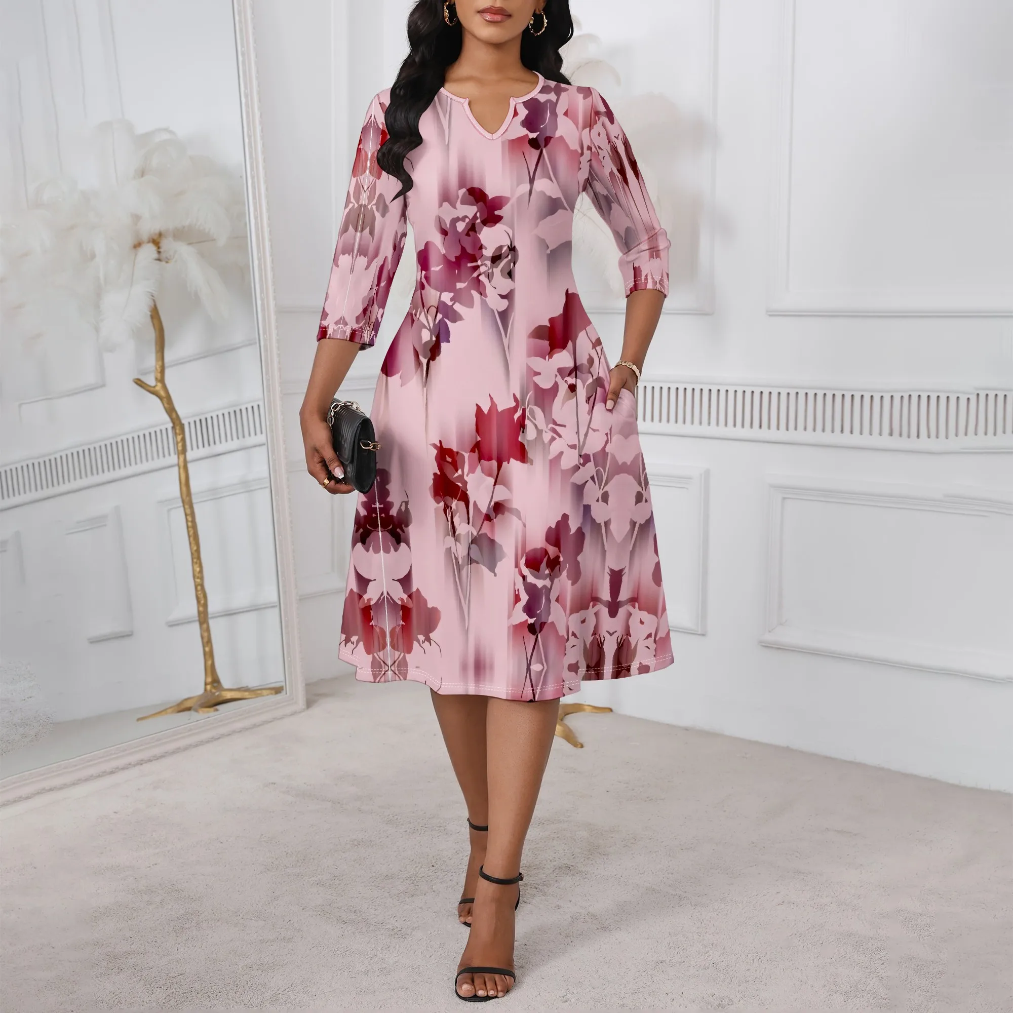 

Elegant Pink Floral Print Midi Dress Women V-Neck 3/4 Sleeve A-Line Summer Outfits