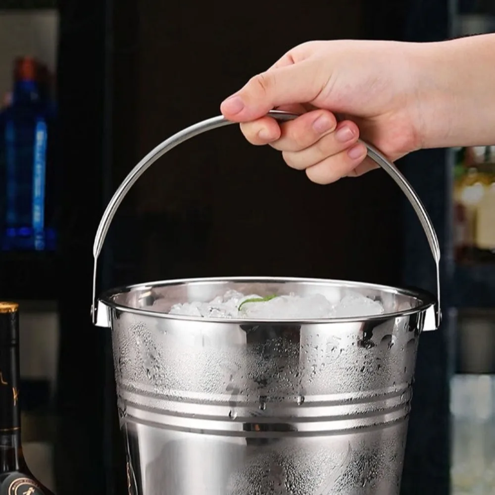 Multifunctional Stainless Steel Ice Bucket Thickened Round Champagne Bucket Portable with Handles Mini Metal Buckets Restaurant 2
