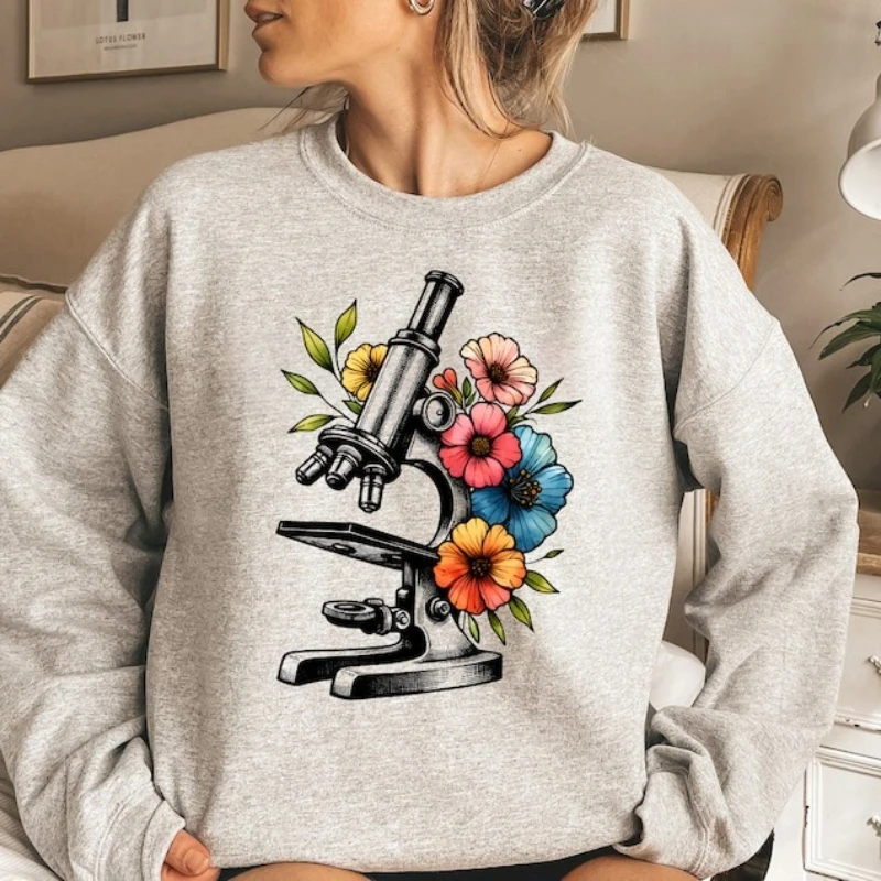 Floral Microscope Sweatshirt Biology Hoodie Science Teacher Gift  Lab Tech Autumn and Winter Hoody Microbiology Keep Warm Tops