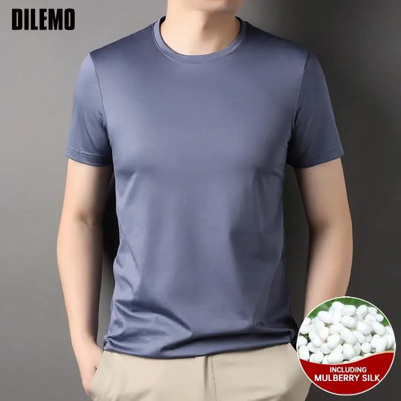 Top Grade 1.7% Mulberry Silk New Brand Tops Round Neck t Shirts For Men 2023 Summer Short Sleeve Casual Fashion Mens Clothing