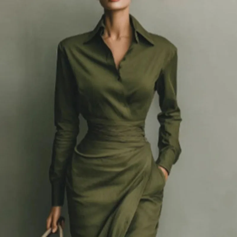 우아한 여성용 봄 폴로 칼라 버튼 하이웨이스트 슬림 바디콘 드레스 가을 긴팔 솔리드 오피스룩 원피스 베스티도