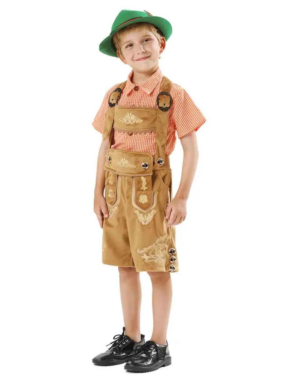 Recién llegado, conjunto de dos piezas con irt y monos a cuadros para niños, traje de Festival de Halloween y cerveza, Material de poliéster y algodón