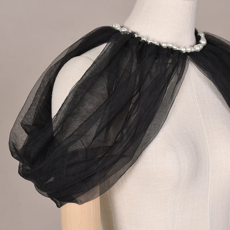 Black Wedding Bride Tulle Shoulder Cover Detachable Sheer Mesh Puff Sleeves Shrug Top Capelet Pearl Shawl Party Dress Accessory 