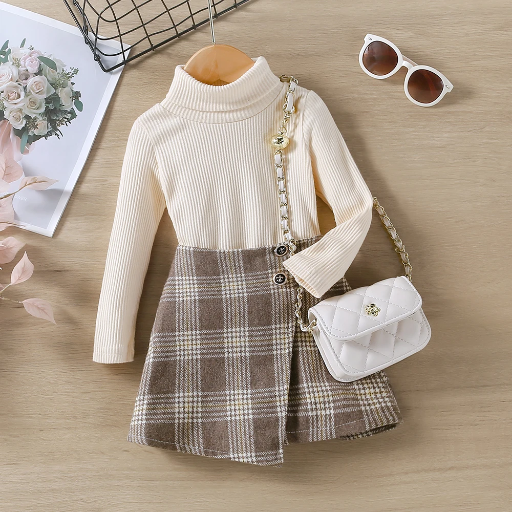 Two Piece Set Of New Girls' Spring And Autumn Top And Plaid Skirt For Small And Medium-sized Children