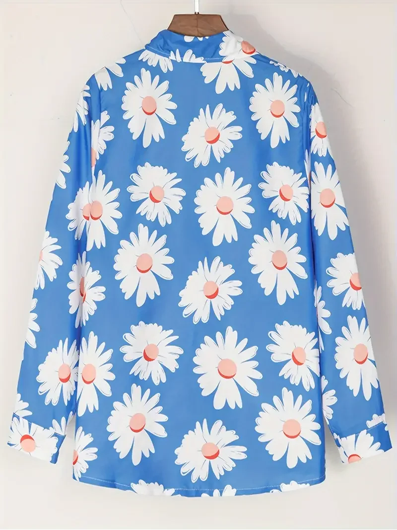 Trendy New Women's Long Sleeve Shirt Lapel Blue White Daisy Pattern Design Shirt Comfortable Casual Fashion Long Sleeve Shirt