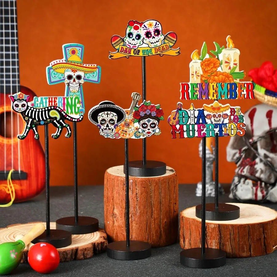 6 Pcs Dia De Los Muertos Decoration Day of The Dead Altar Table Centerpiece Wooden Sugar Skull Decor Tall Standing Mexican Hal