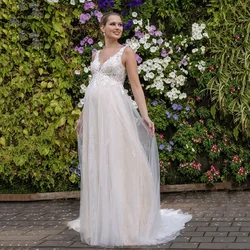 Flavinke, vestidos de novia personalizados con cuello en V y cintura imperio, vestido de novia con cordones en la espalda, vestido de novia de encaje para jardín para mujeres embarazadas