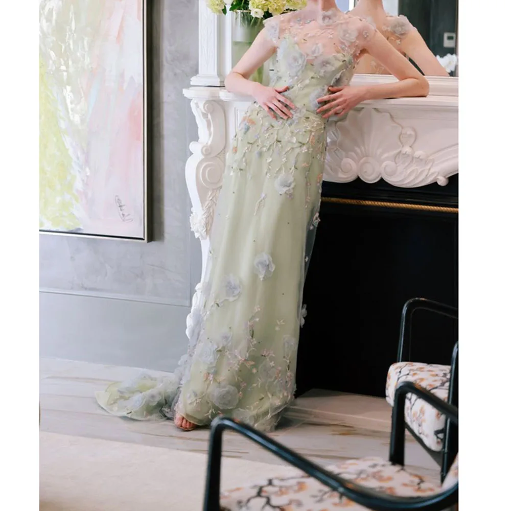 Elegant Green Women Prom Dresses Short Sleeves Floor Length Mermaid Flowers O-neck Smart Female Evening Party Banquet Gowns