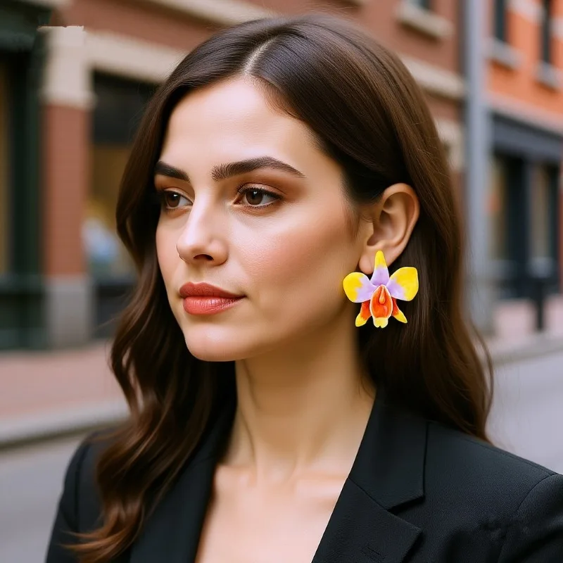 

New exaggerated hand-painted colorful large flower Ear studs, Bohemian vacation style versatile earrings