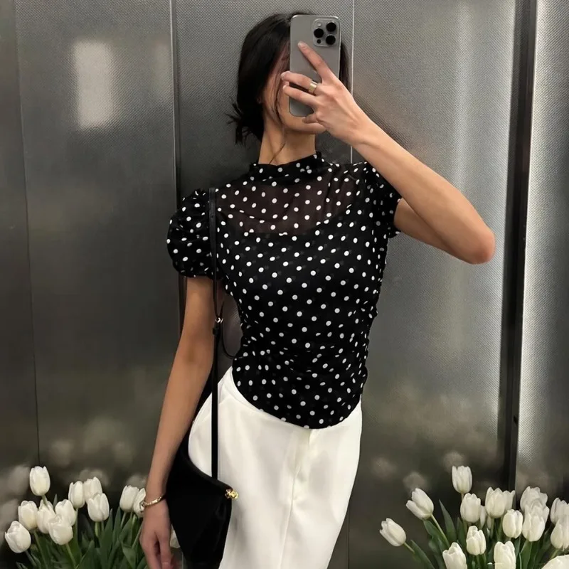 

Talenza Women's Polka Dot T-Shirt Summer Sexy See-through Pleated Slim Short Sleeve Shirt Tops Casual Elegant Women's T-Shirts