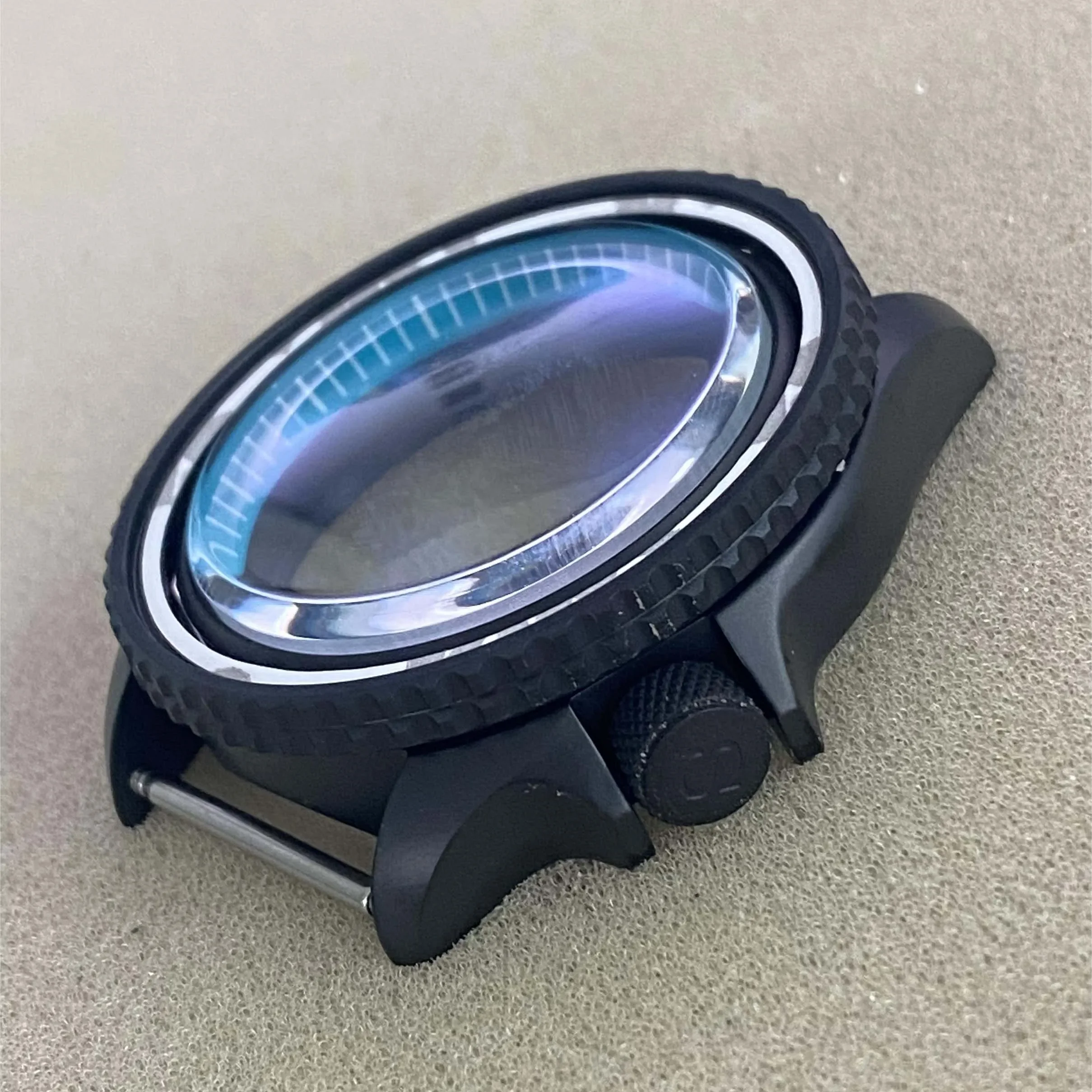 Casing jam tangan baja 41.5mm NH35 casing PVD hitam mengkilap bagian jam cincin bab hitam putih biru untuk gerakan NH35/NH36/4R