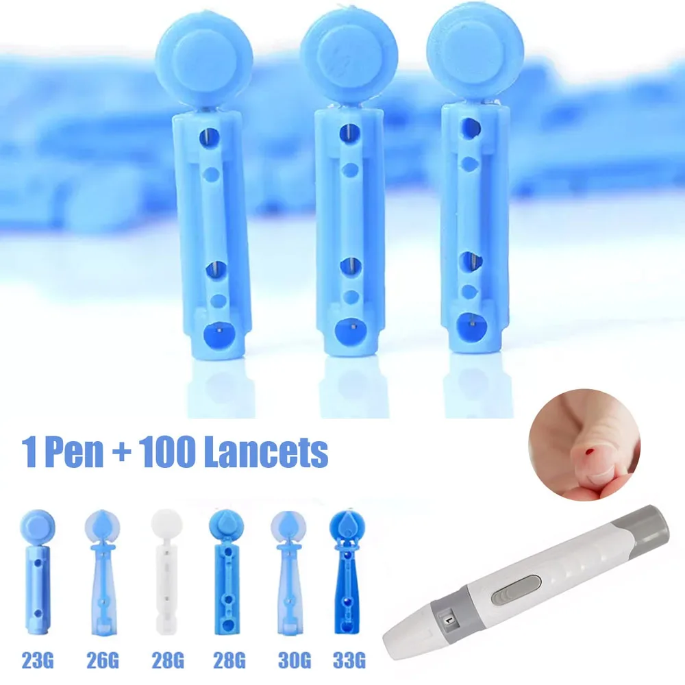 

100 шт. ланцетов 23/26/28/30/33G для глюкометра с регулируемой глубиной прокола, устройство для забора крови для диабетиков