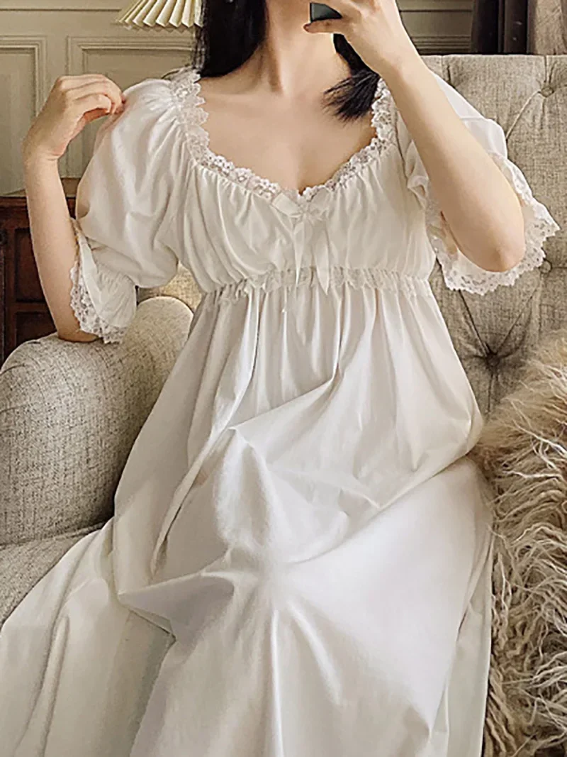 Women Summer Princess Fairy Sweet Nightgowns Pure Cotton Lace Sexy Pajama Vintage Sleepwear Female Victorian Peignoir Nightdress