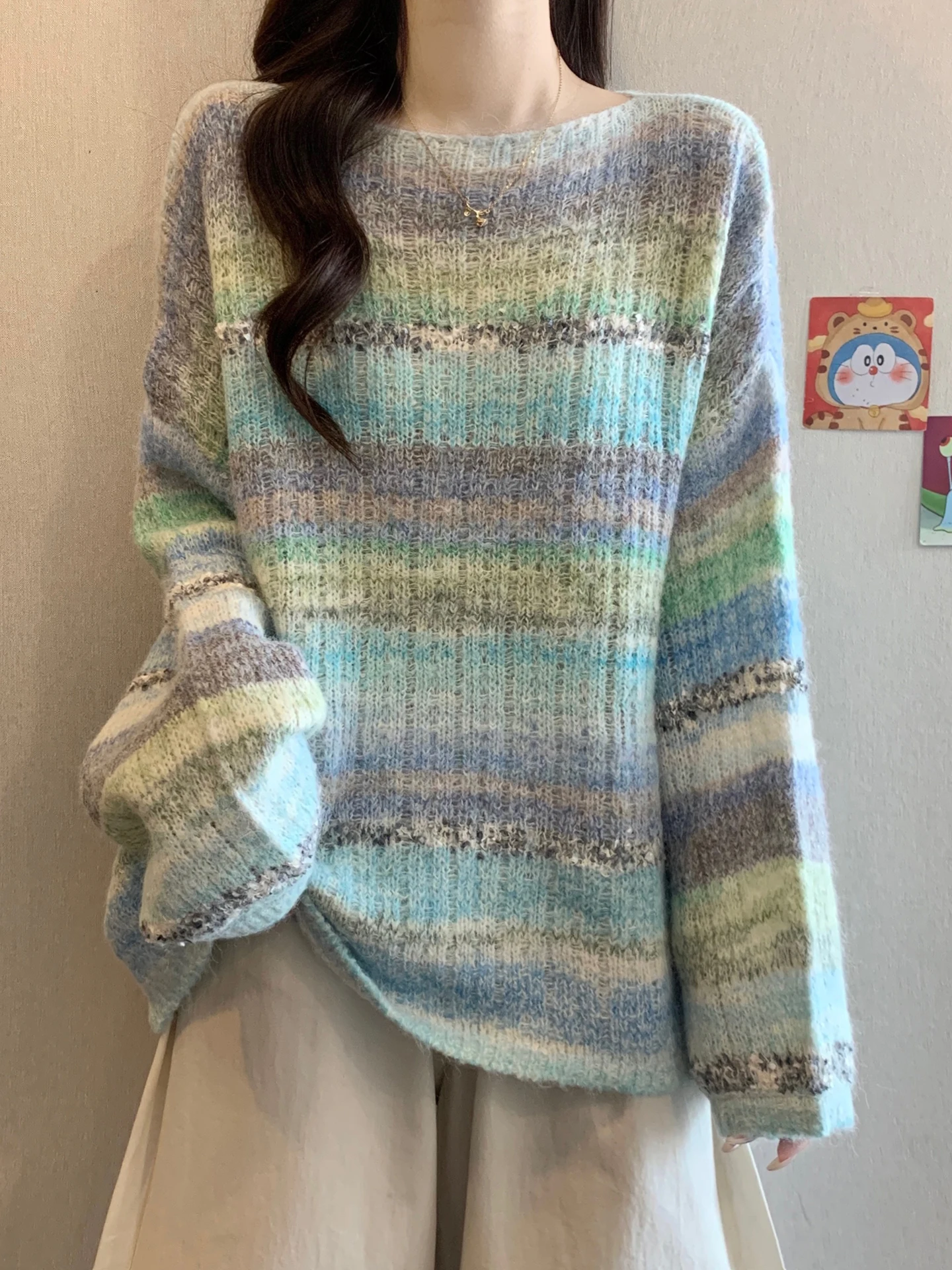 

aduated Color Stripe Dyed Knitwear Sweater Women's Autumn Winter Loose Soft Cozy Aosphere Top Large Size plus MM